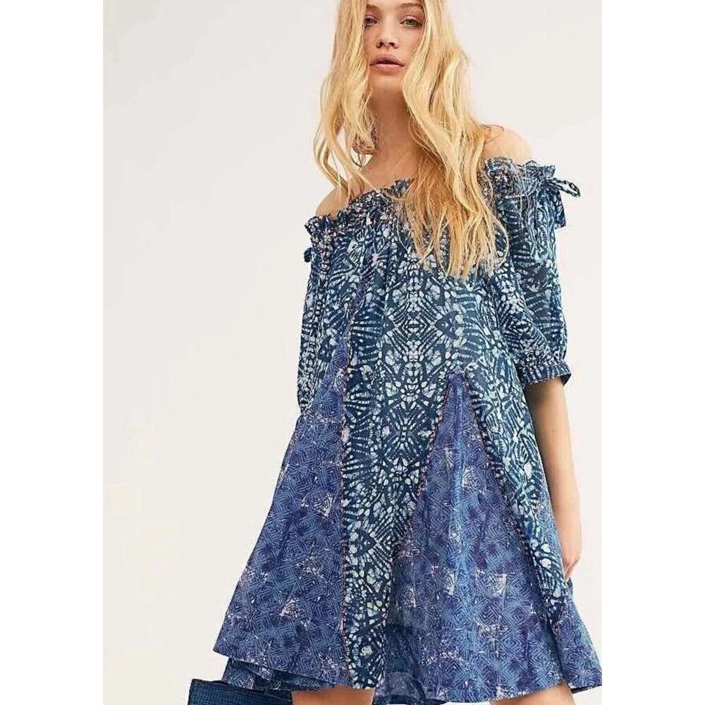 FREE PEOPLE Size S Jet Set Mini Dress Batik Blue The Off Shoulder Swing Pockets